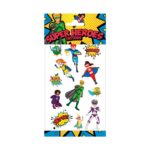 Временни татуировки герои 12 броя, Totum: лист „Super Heroes Tattoos“ с летящи момчета и момичета в маски и пелерини, усмихнати плодове с маски и надписи „Crash!“ и „Super“.
