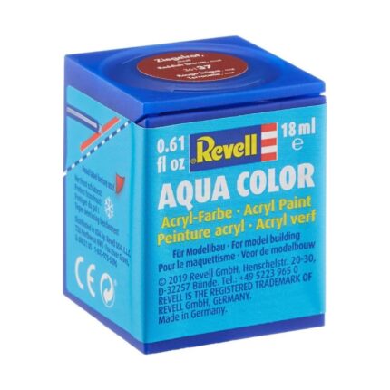 Акрилна боя Aqua Reddish Brown, мат, 18 мл, Revell: синьо бурканче с етикет на марката и червеникавокафяв кръг на капака с номер 37 и надпис „Ziegelrot“.