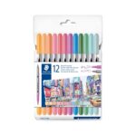 Флумастри Staedtler 3200, двувърхи, 12 цвята, пастелни