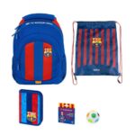Ученически комплект FC Barcelona, 5 части, раница, несесер, спортна чанта, пастели и фиджет топка