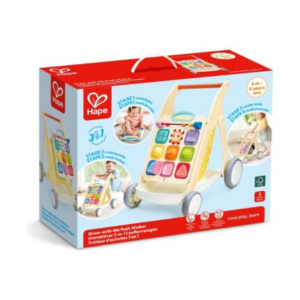 Проходилка за бебе Hape 3 в 1 в кутия, с дървена рамка и цветен интерактивен панел