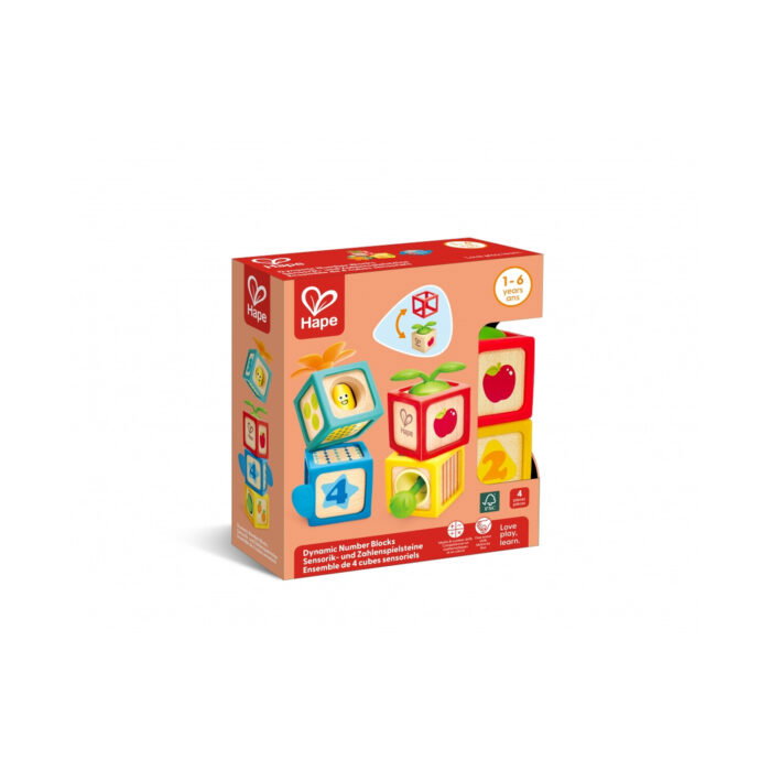 Сензорни кубчета за бебе Hape с числа в кутия, с четири кубчета с плодове и цифри Сензорни кубчета за бебе Hape с числа в кутия, с четири кубчета с плодове и цифри