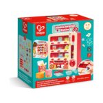 Детска вендинг машина Hape в кутия Snack & Surprise Station с автомата и продуктите отпред