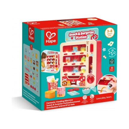 Детска вендинг машина Hape в кутия Snack & Surprise Station с автомата и продуктите отпред
