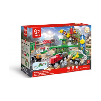 Дървено влакче с релси Hape Планината на съкровищата в кутия, с планина, мост и влак на корицата