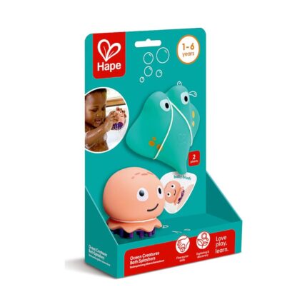 Играчки за баня Hape Манта и медуза в опаковка, с тюркоазена манта и розова медуза