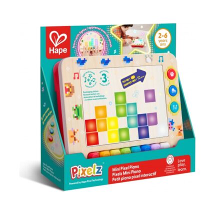 Детско пиано Hape Pixelz в кутия, с дървена рамка, пикселен екран и цветни клавиши