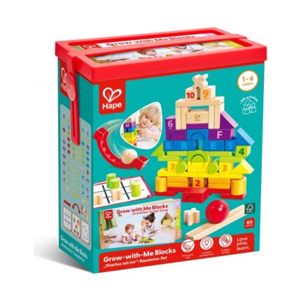 Дървени кубчета за игра Hape с балансираща основа в кофа с червен капак и дръжка
