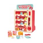 Вендинг машината Hape с табела Snack & Surprise Station, светещи рафтове и продукти пред нея