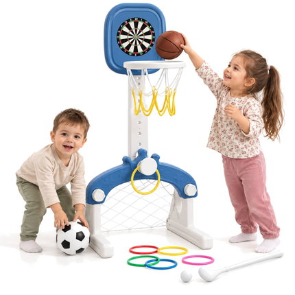 Детски спортен център Feelkids 4 в 1 с кош, футболна врата, дартс и голф, син