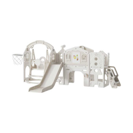 Детски център за игра Feelkids 4 в 1 с пързалка, кош и люлка, кафяв