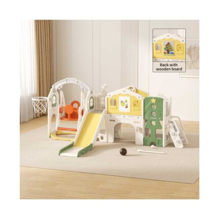 Детски център за игра Feelkids 4 в 1 с пързалка, люлка и кош, в бяло, жълто и зелено, в детска стая