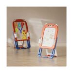 Детска дъска за рисуване Feelkids 2 в 1, червена, със синя стойка: страна с конструктор HAPPY и бяла страна за рисуване