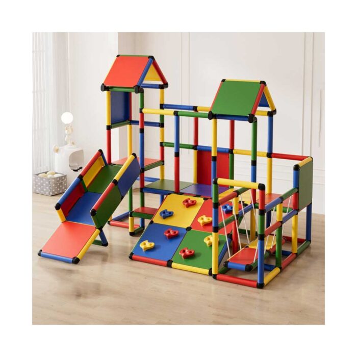Детска катерушка за вкъщи Feelkids 6 в 1 с две кули, пързалка и стена за катерене с цветни опори Детска катерушка за вкъщи Feelkids 6 в 1 с две кули, пързалка и стена за катерене с цветни опори