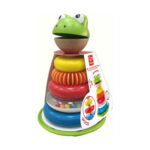 Дървена играчка за подреждане Hape Жабка: цветни кръгове на зелена основа и главичка на жабче, пред опаковката