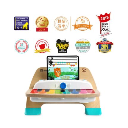 Бебешко пиано Hape Baby Einstein, дървено и сензорно, с цветни клавиши и нотна карта, над него логата на награди