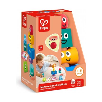 Игра за баланс Hape с карти в кутия, с цветни форми с очички на корицата
