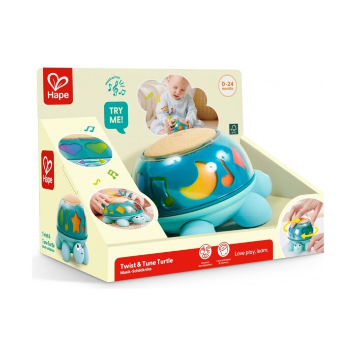 Музикална играчка за бебе Hape Костенурка в кутия, с тюркоазена черупка с цветни фигури и дървен връх Музикална играчка за бебе Hape Костенурка в кутия, с тюркоазена черупка с цветни фигури и дървен връх