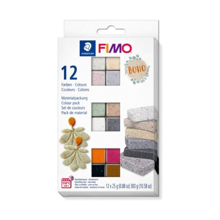 Полимерна глина Fimo Effect Boho в кутия с 12 цвята и обеци от глина на корицата