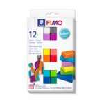 Полимерна глина Fimo Soft Brilliant в кутия с 12 ярки цвята и фигури от глина на корицата