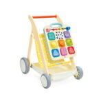 Проходилката Hape отстрани под ъгъл, с панела с цветни фигури и жълтата кошница