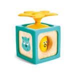 Тюркоазено кубче Hape с котка, жълта фигурка с изненадано личице и оранжево цвете вендуза