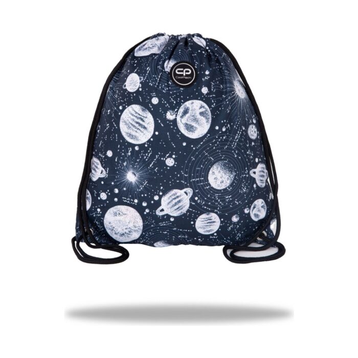 Спортна торба CoolPack Sprint Moon в тъмносиньо с бели планети и звезди и черни връзки за носене на гръб Спортна торба CoolPack Sprint Moon в тъмносиньо с бели планети и звезди и черни връзки за носене на гръб