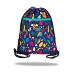 Спортна торба CoolPack Vert Lady Color в тъмносиньо с цветни листа, птици и фламинго и преден джоб с тюркоазен цип