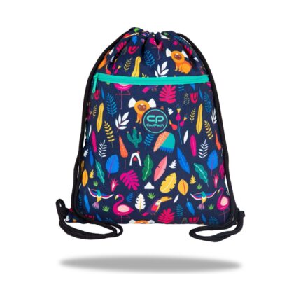 Спортна торба CoolPack Vert Lady Color в тъмносиньо с цветни листа, птици и фламинго и преден джоб с тюркоазен цип