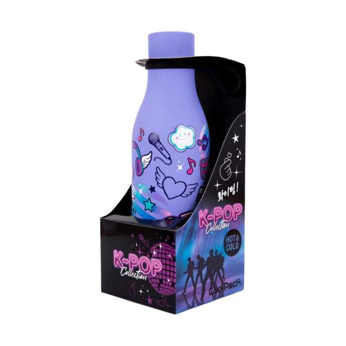 Термо бутилка за вода CoolPack K-pop Bright в лилаво, поставена в черна кутия от колекцията K-POP Термо бутилка за вода CoolPack K-pop Bright в лилаво, поставена в черна кутия от колекцията K-POP