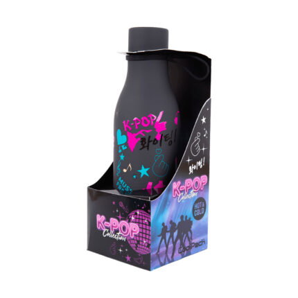 Термо бутилка за вода CoolPack K-pop Dark в черно с розови и сини мотиви, в кутия от колекцията K-POP
