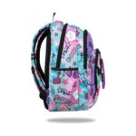 Раницата CoolPack Basic Plus K-pop Bright в профил, с надпис Music Freak на страничния джоб и лилава висулка на ципа