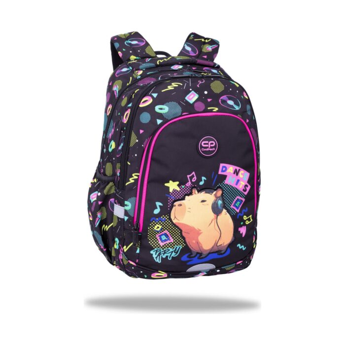 Ученическа раница CoolPack Prime Pro Капибара Music в черно, с капибара със слушалки и розов кант отпред Ученическа раница CoolPack Prime Pro Капибара Music в черно, с капибара със слушалки и розов кант отпред