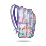 Раницата CoolPack Prime Стич Pastel отстрани, с мрежест страничен джоб и лилави презрамки