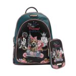 Ученическа раница Nicole Lee Family Yearbook в зелено и черно, с кученце в кола, котка и надпис my little Princess