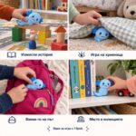 Колаж с четири идеи за игра със скуиши аксолотъла: история с кубчета, криеница под одеяло, в раницата и на рафта с книги.