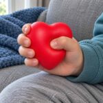 Детска ръка стиска здраво червеното антистрес сърце.