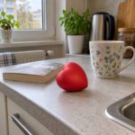 Червено сърце за стискане на кухненски плот до чаша на сини цветчета и книга.