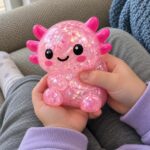 Детски ръце стискат розовия скуиши аксолотъл с блестящ брокат.