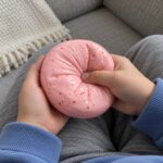 Детски ръце държат розовия скуиши диск в скута, а палецът потъва дълбоко в него и набира гънки.