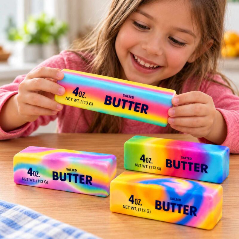 Butter squishy дъга, 14 см: усмихнато момиче държи дъгово блокче масло с надпис „Butter“, а пред него на масата лежат още три блокчета с различни шарки.