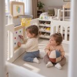 Кошара за игра Feelkids с люлка: дете, което рисува на дъската под баскетболния кош, и дете с топка