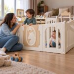 Кошара за игра Feelkids с люлка до майка, която си играе с две деца през оградата