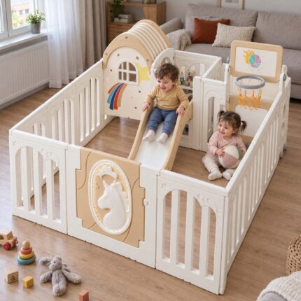 Кошара за игра с къщичка и пързалка, бежова
