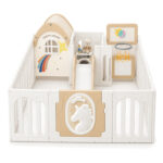 Кошара за игра Feelkids с къщичка Happy House, пързалка и баскетболен кош, отпред на бял фон