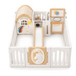 Кошара за игра Feelkids с къщичка отгоре на бял фон: къщичка, пързалка и баскетболен кош
