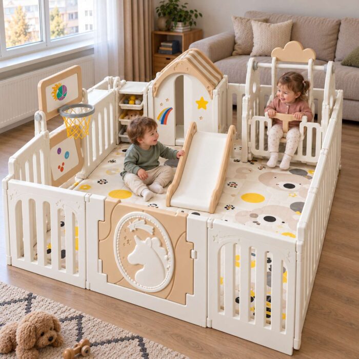 Кошара за игра Feelkids с пързалка, люлка и къщичка в хол, с дете на люлката и дете до пързалката Кошара за игра Feelkids с пързалка, люлка и къщичка в хол, с дете на люлката и дете до пързалката