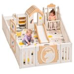 Кошара за игра Feelkids с пързалка, люлка и къщичка на бял фон, с две деца вътре