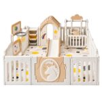 Кошара за игра Feelkids с пързалка, люлка, къщичка и баскетболен кош, отпред на бял фон