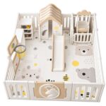 Кошара за игра Feelkids с пързалка отгоре на бял фон, с подложка с животни, къщичка и люлка